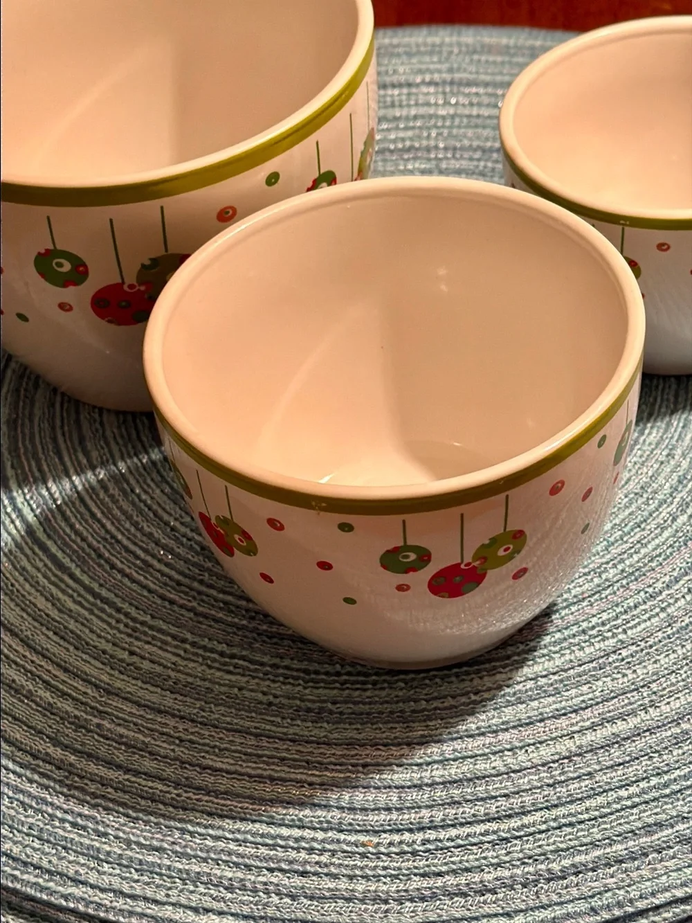Ceramic Nesting Bowls in White with Red & Green Cherry Pattern